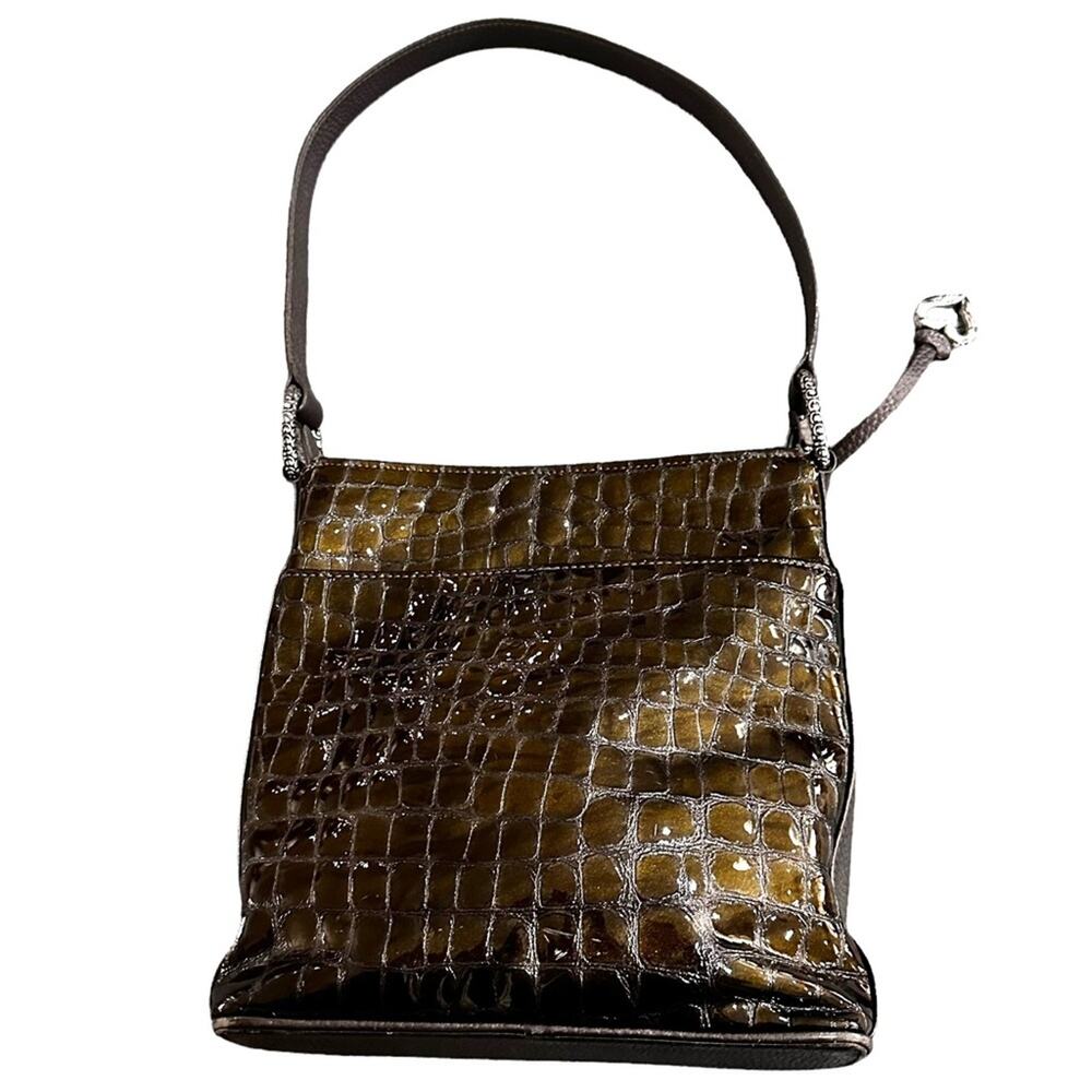 Brighton Shoulder Bag Women OS Olive Excellent Croc Embossed Silver Hardware